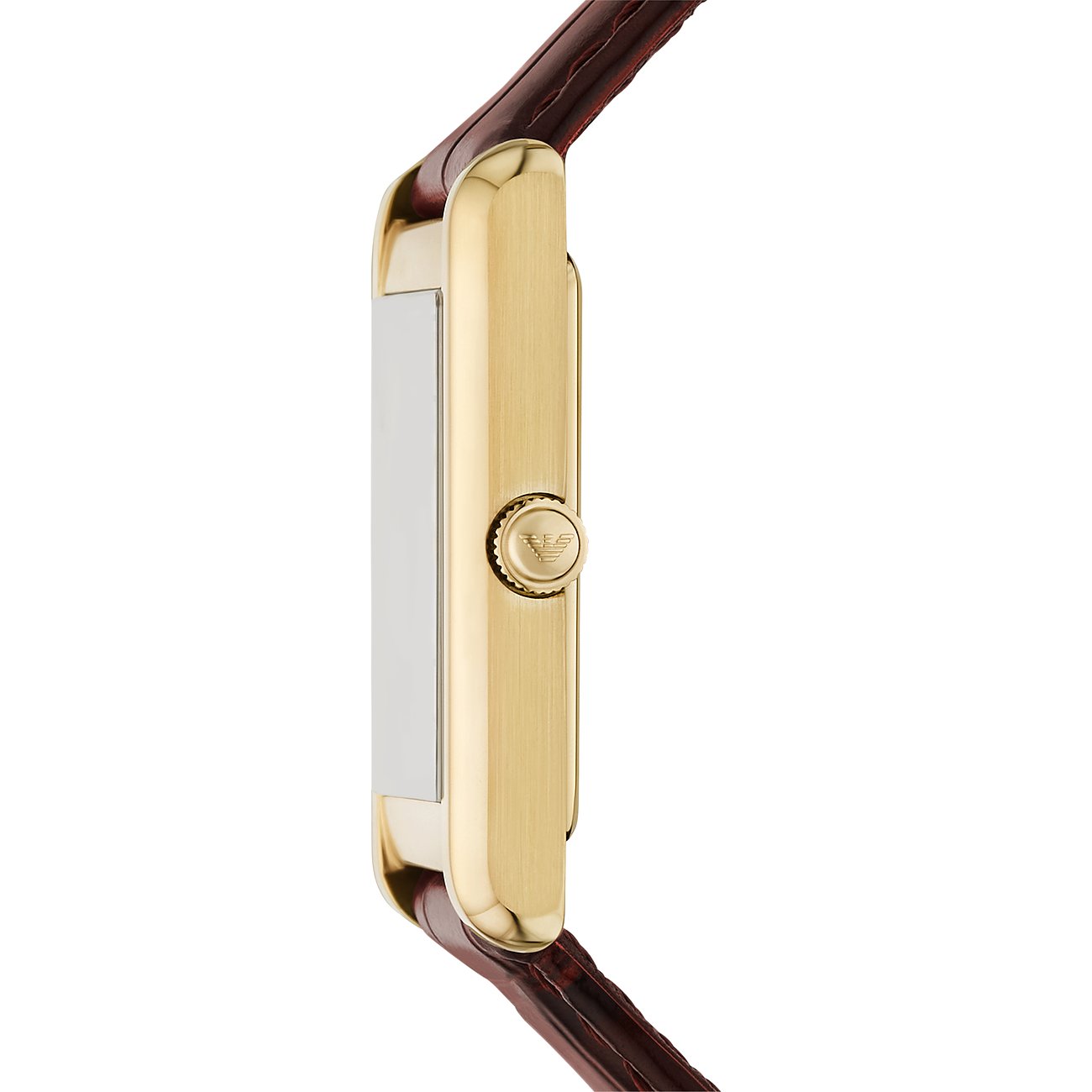 Emporio Armani Herrenuhr mit Edelstahlgehäuse, goldfarben, rechteckig, mit Lederarmband.