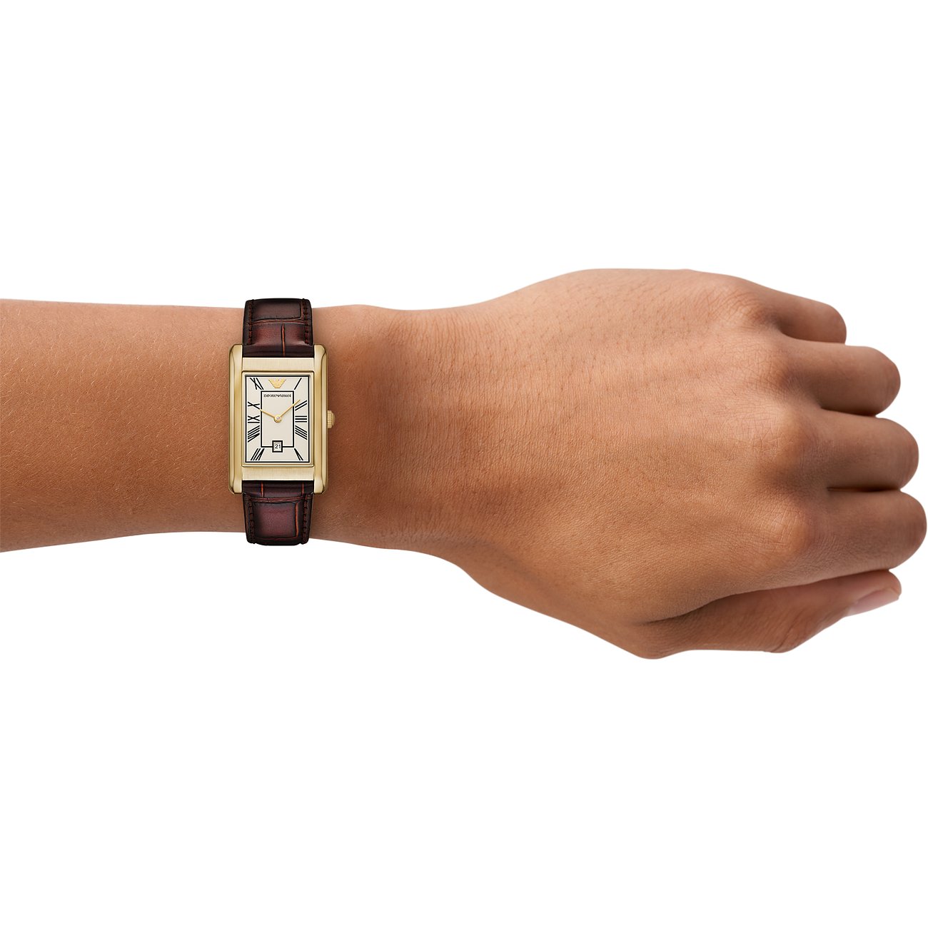 Emporio Armani Herrenuhr mit goldfarbenem Edelstahlgehäuse und römischen Ziffern.