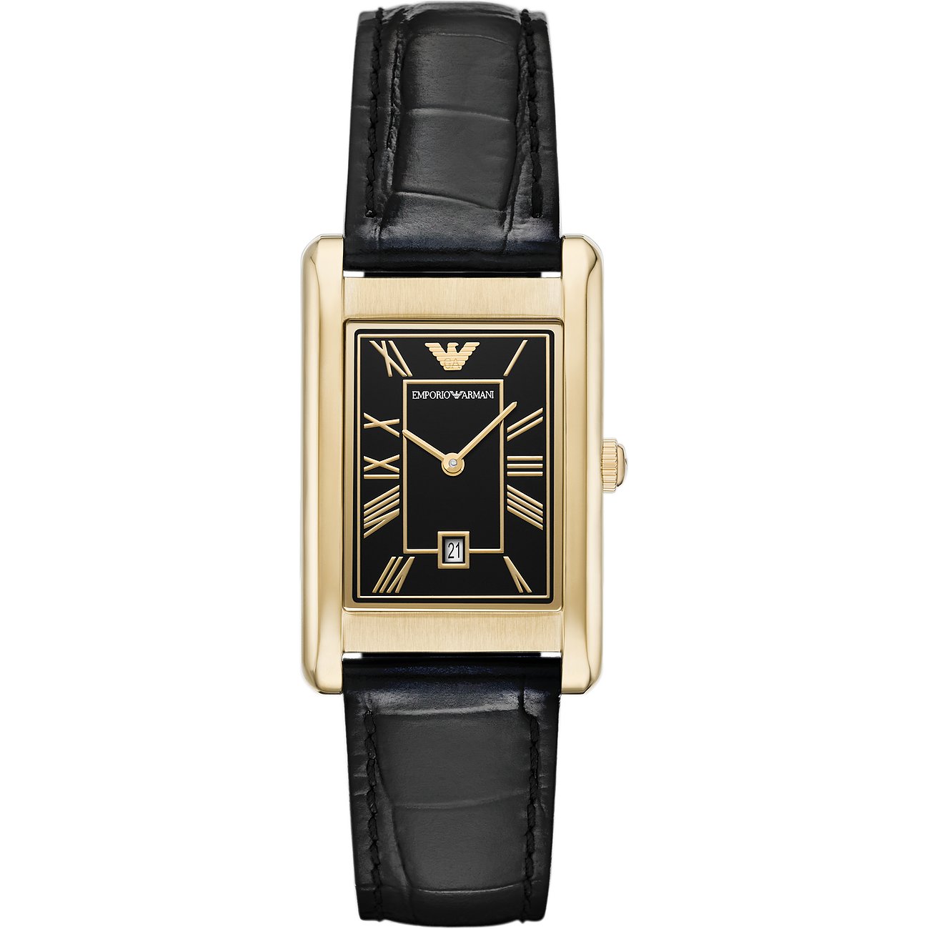 Emporio Armani Herrenuhr mit Edelstahlgehäuse, schwarzem Zifferblatt und römischen Ziffern.