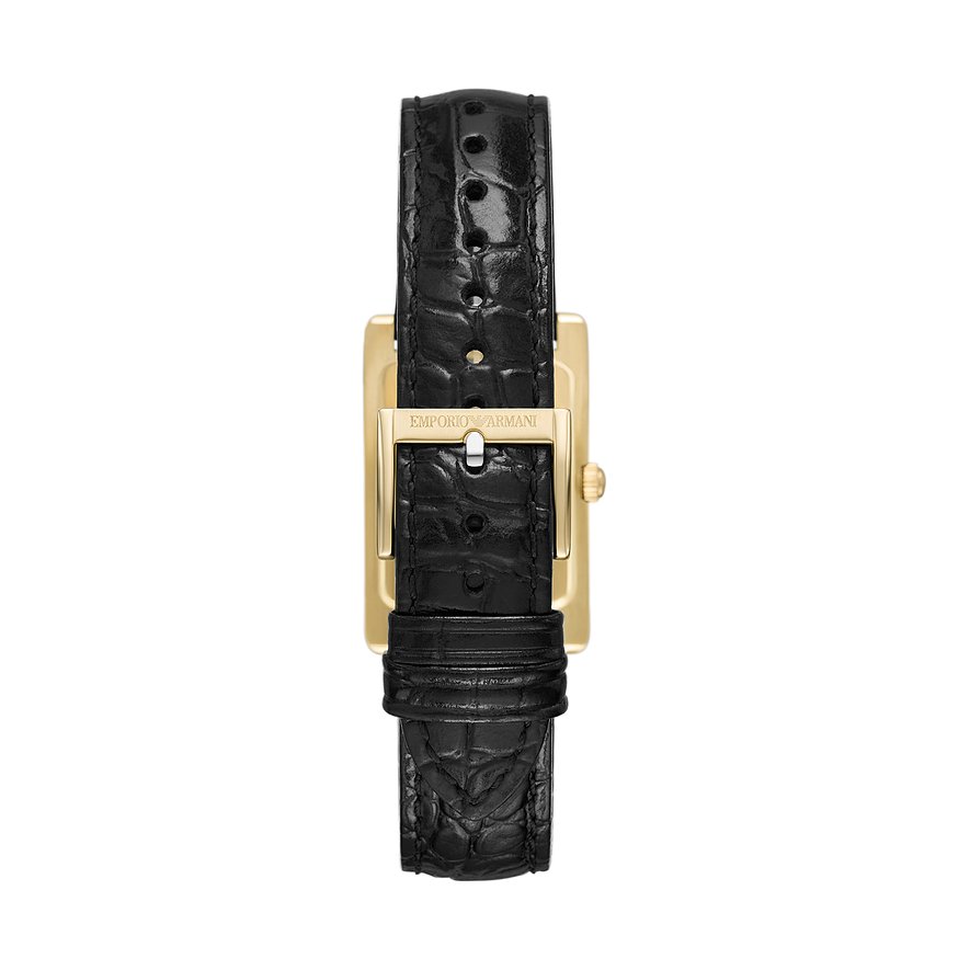 Emporio Armani Herrenuhr mit goldfarbenem Edelstahlgehäuse und schwarzem Lederarmband.