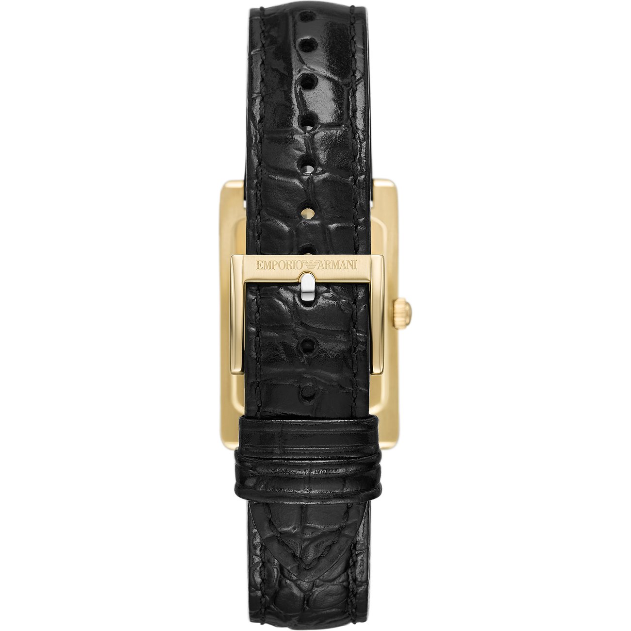 Emporio Armani Herrenuhr mit goldfarbenem Edelstahlgehäuse und schwarzem Lederarmband.