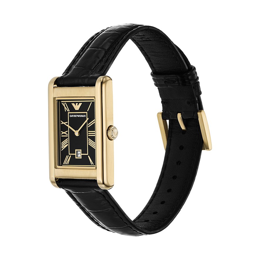 Emporio Armani Herrenuhr mit goldfarbenem Edelstahlgehäuse und schwarzem Lederarmband.