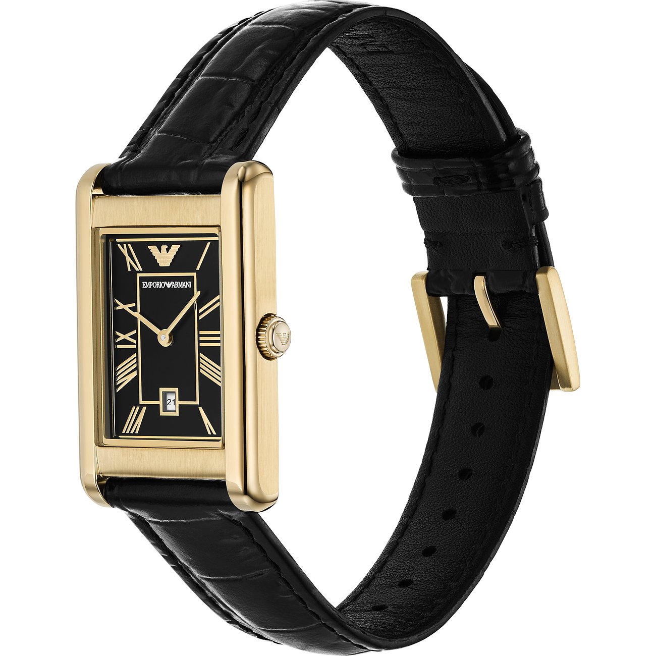Emporio Armani Herrenuhr mit goldfarbenem Edelstahlgehäuse und schwarzem Lederarmband.