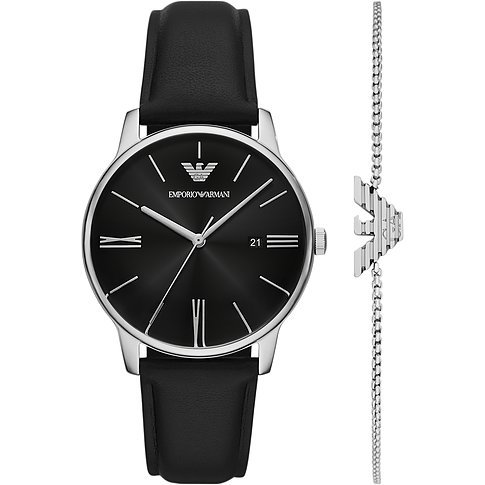 Emporio Armani Set mit Edelstahlgehäuse, schwarzem Zifferblatt und Lederarmband.