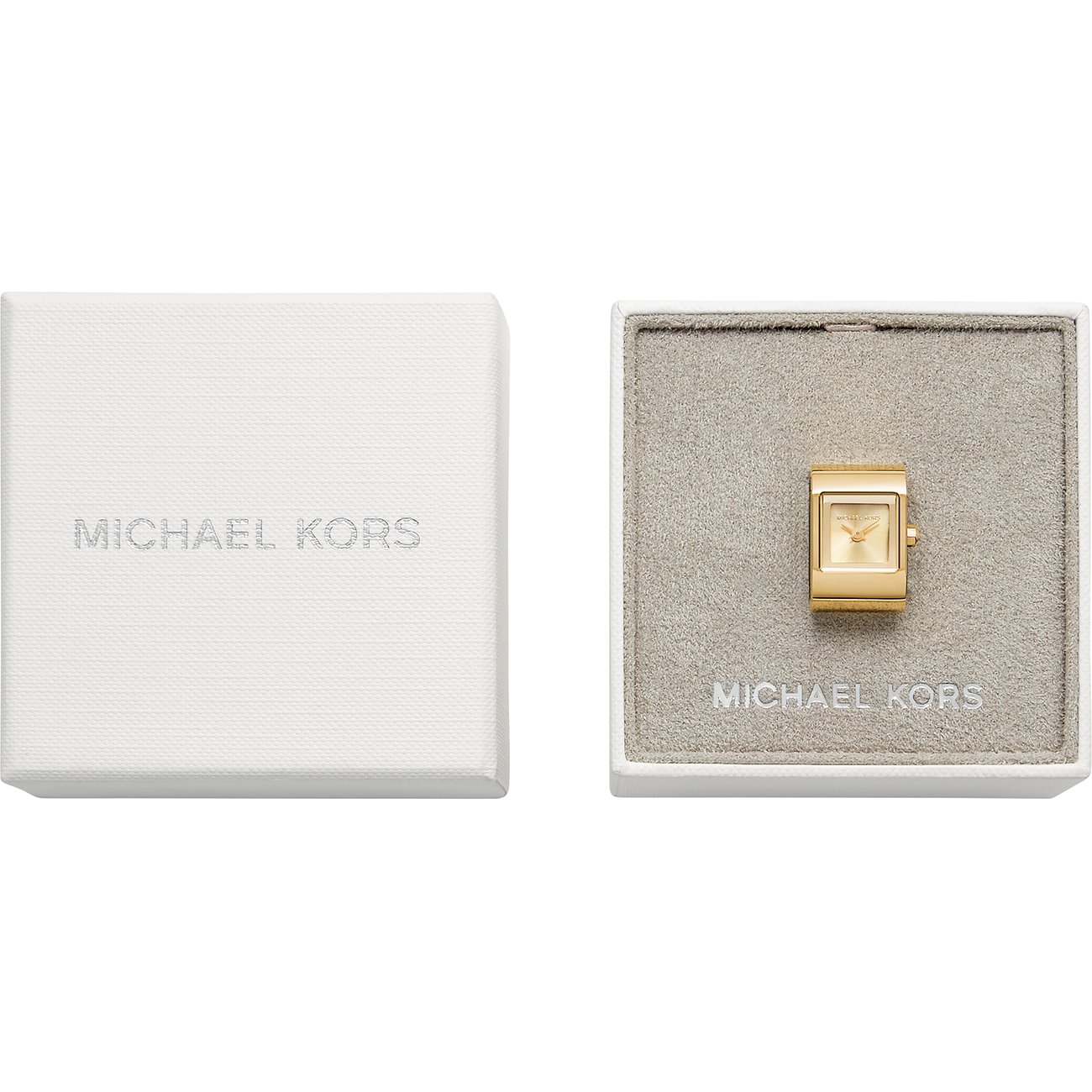 Michael Kors damklocka med boett i rostfritt stål, guldfärgad, rektangulärt boett, analog.