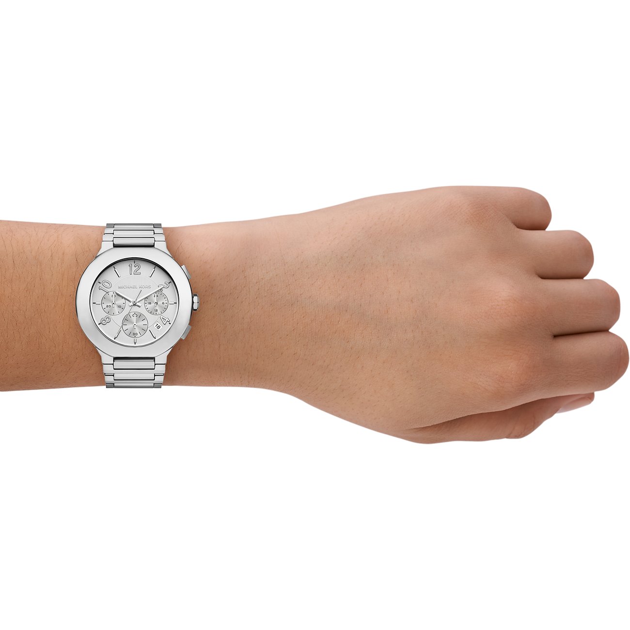 Michael Kors Damenuhr mit Edelstahlgehäuse, silberfarben, analog, Chronograph.