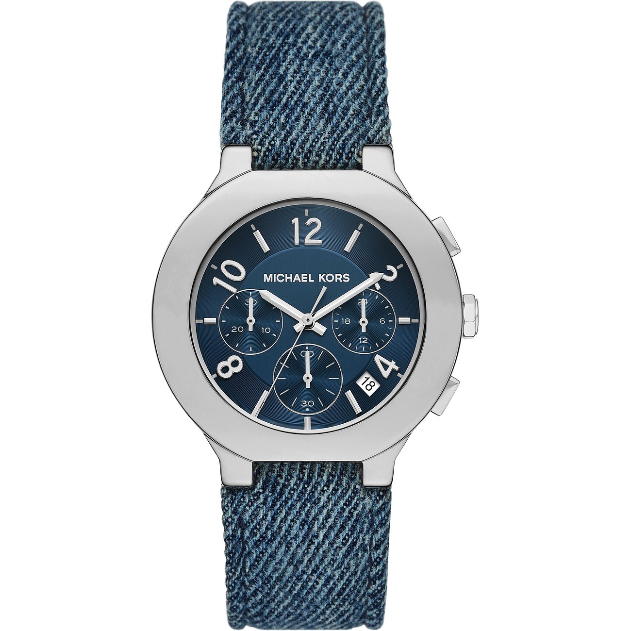 Eine Michael Kors Damenuhr aus Edelstahl mit einem blauen Zifferblatt und einem blauen Armband aus Jeansstoff.