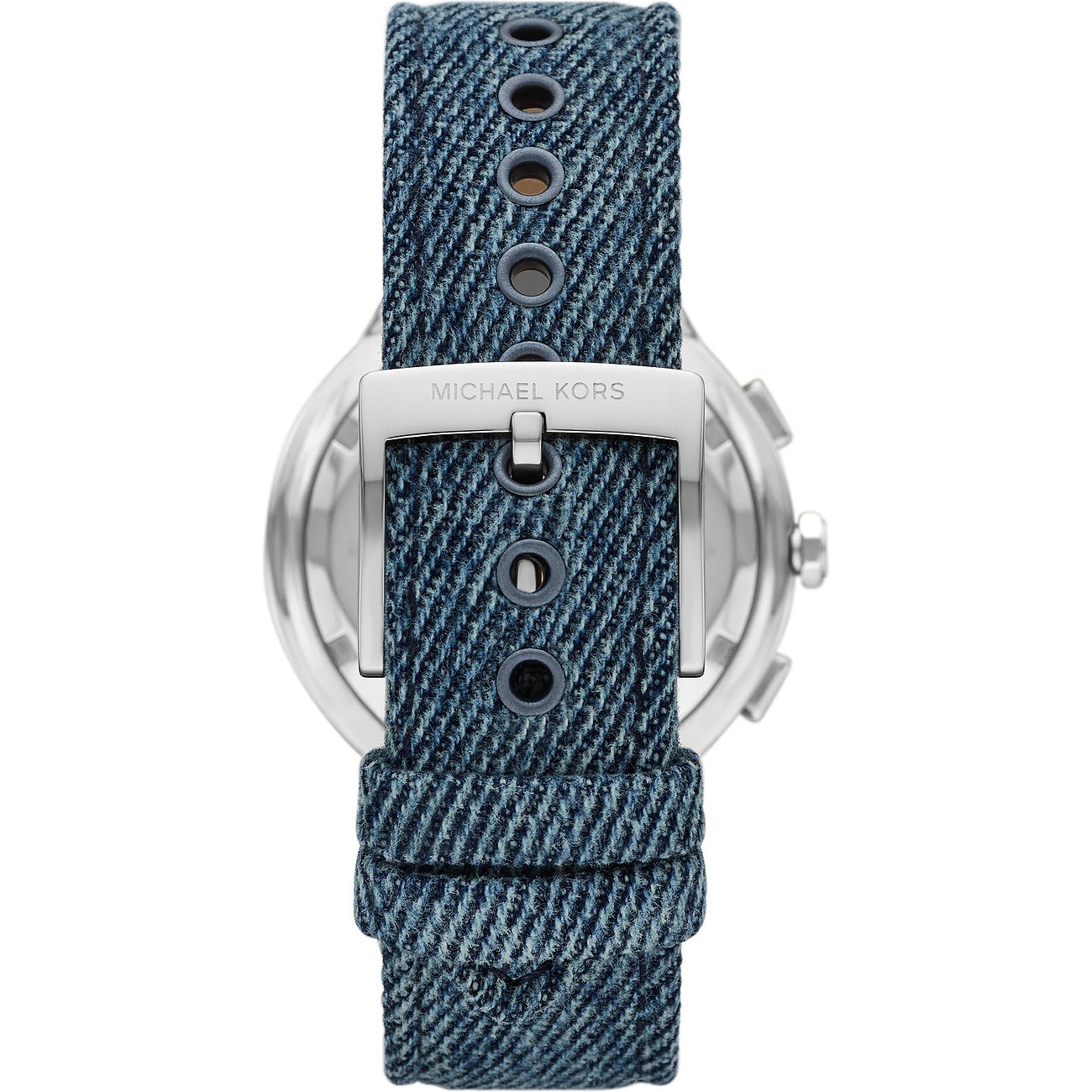 Rückansicht einer Michael Kors Damenuhr aus Edelstahl mit blauem Textilarmband und Dornschließe.