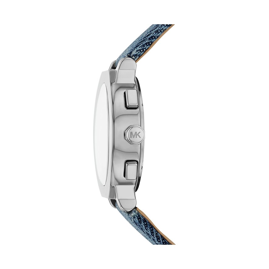 Seitenansicht der Michael Kors Damenuhr aus Edelstahl mit blauer Textilband und MK-Logo auf der Krone.