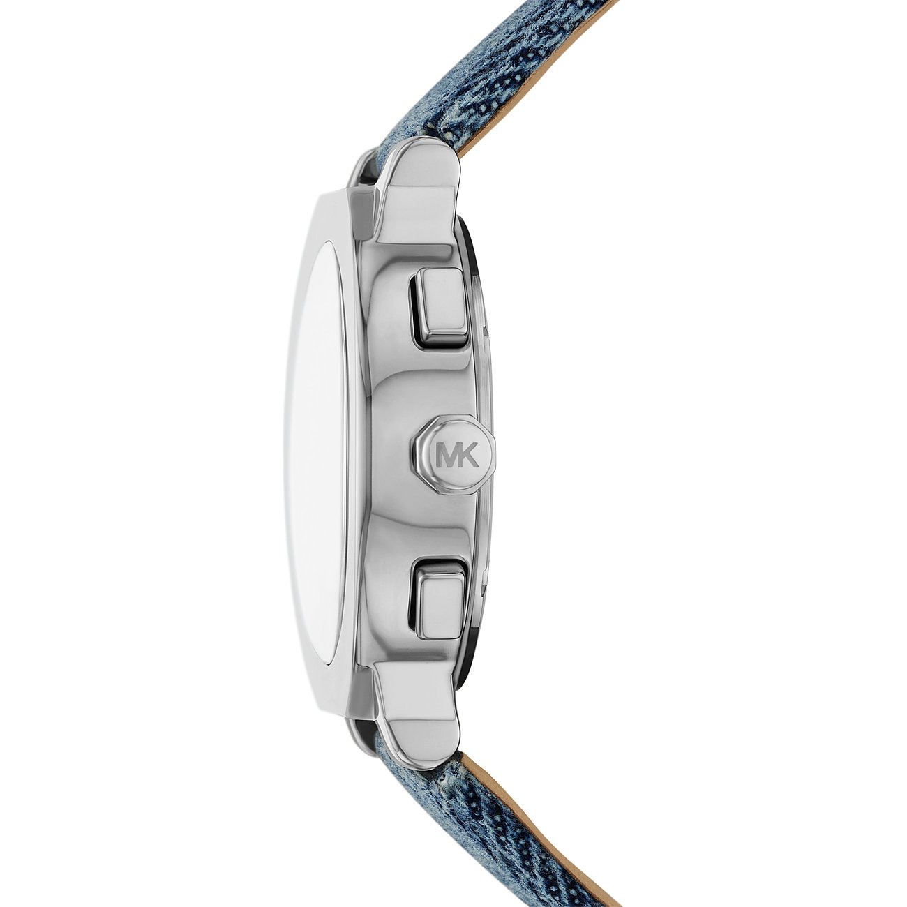 Seitenansicht der Michael Kors Damenuhr aus Edelstahl mit blauer Textilband und MK-Logo auf der Krone.