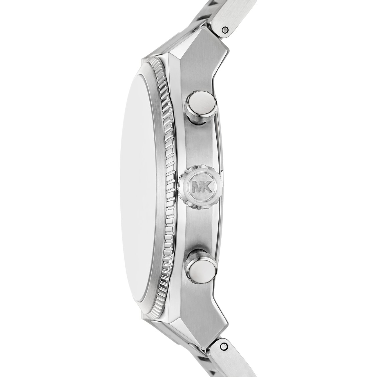 Michael Kors Herrenuhr aus Edelstahl mit geriffelter Lünette und Knopfdetails.