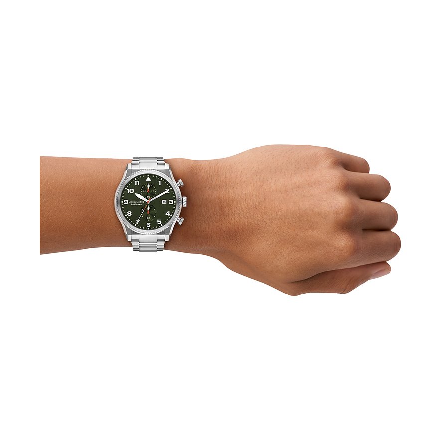 Michael Kors Herrenuhr mit Edelstahlgehäuse, grünem Zifferblatt und silberfarbenem Armband.