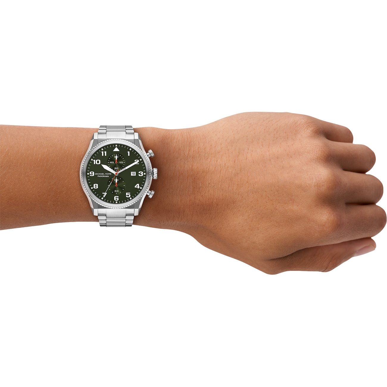 Michael Kors Herrenuhr mit Edelstahlgehäuse, grünem Zifferblatt und silberfarbenem Armband.