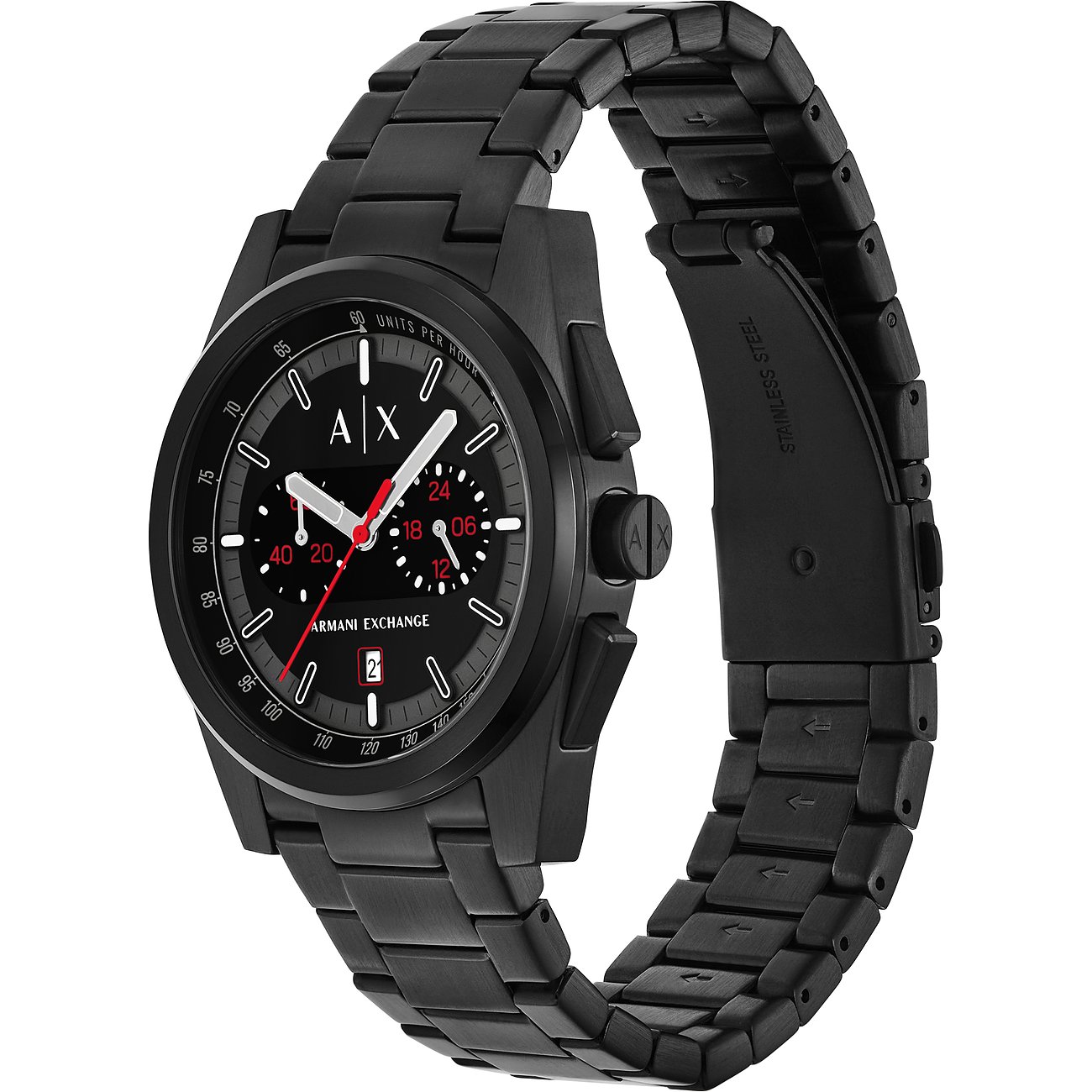 Armani Exchange Herrenuhr aus Edelstahl, schwarz, analog, mit Datumsanzeige.