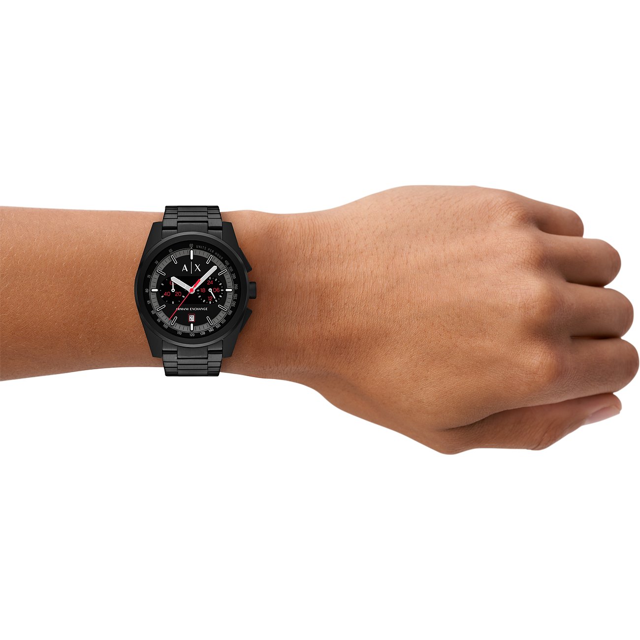 Armani Exchange Herrenuhr mit Edelstahlgehäuse, analoges Zifferblatt mit Datumsanzeige.