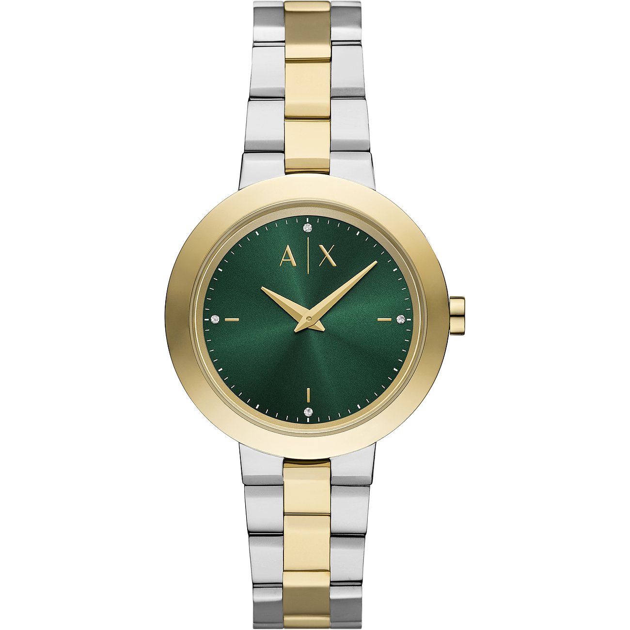 Armani Exchange Damenuhr mit Edelstahlgehäuse, bicolor, mit Steinen.