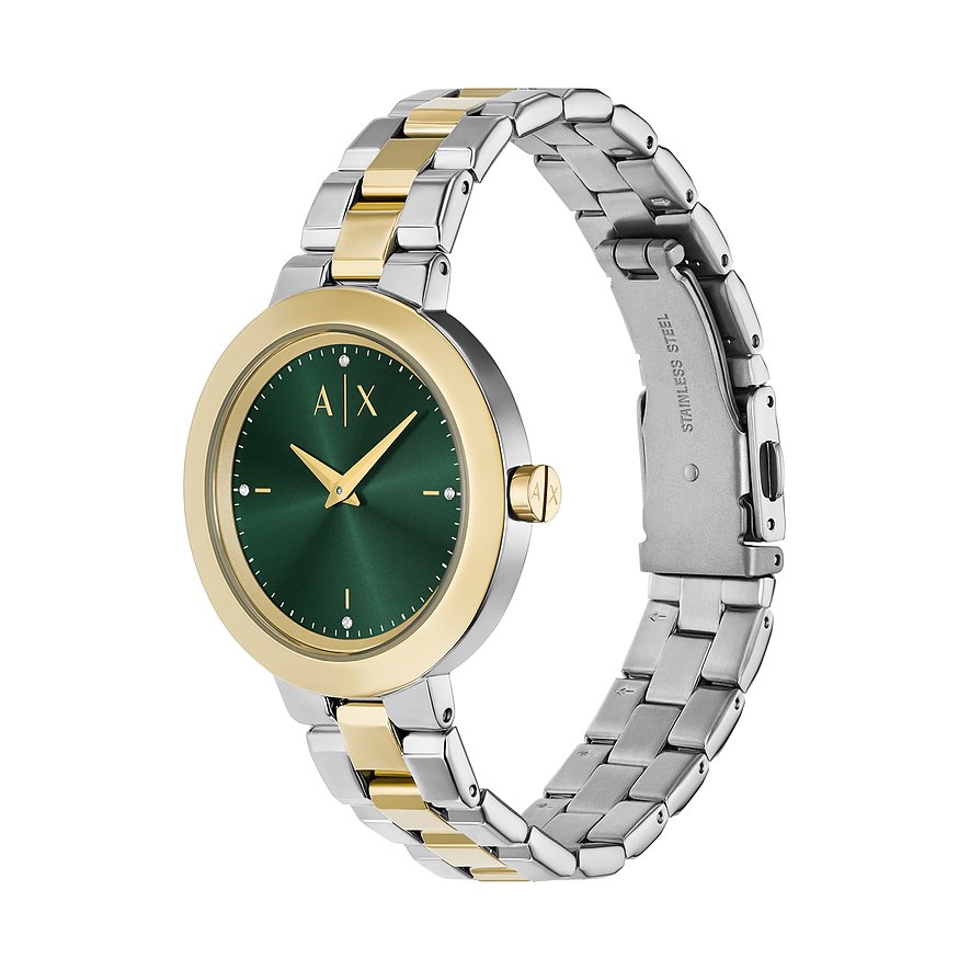 Armani Exchange Damenuhr mit Edelstahlgehäuse, bicolor, mit grünen Zifferblatt.