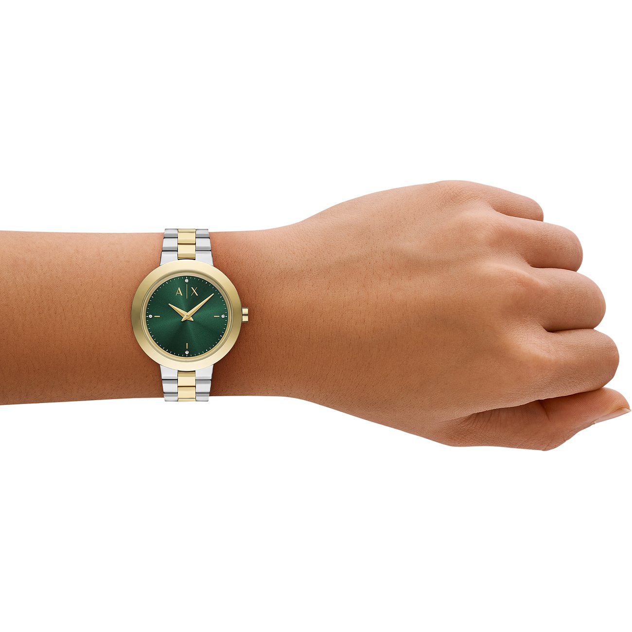 Armani Exchange Damenuhr mit Edelstahlgehäuse, goldfarbenem Gehäuse und grünem Zifferblatt.