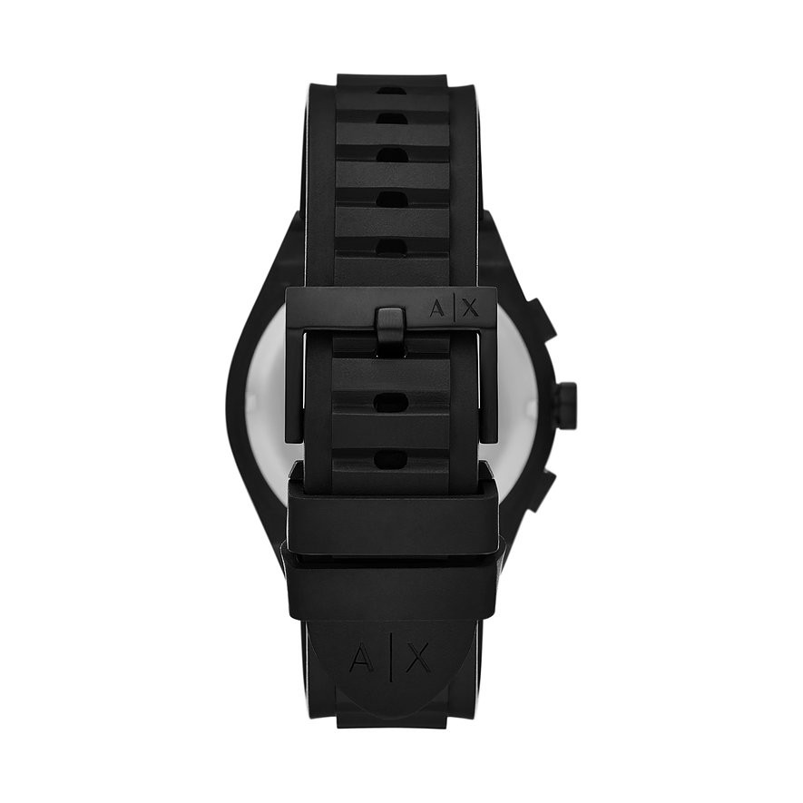 Armani Exchange Damenuhr mit schwarzem Gehäuse und schwarzem Armband.