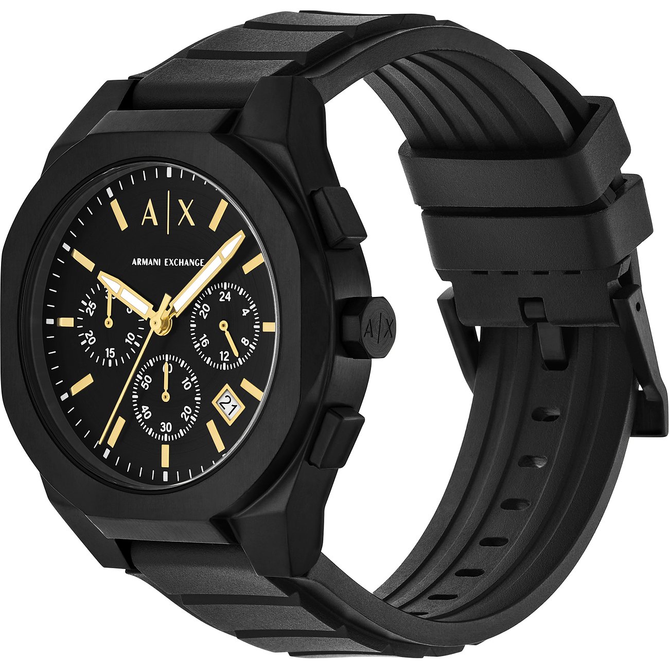 Armani Exchange Herrenuhr mit Edelstahlgehäuse, schwarzes Zifferblatt und goldfarbenen Indizes.