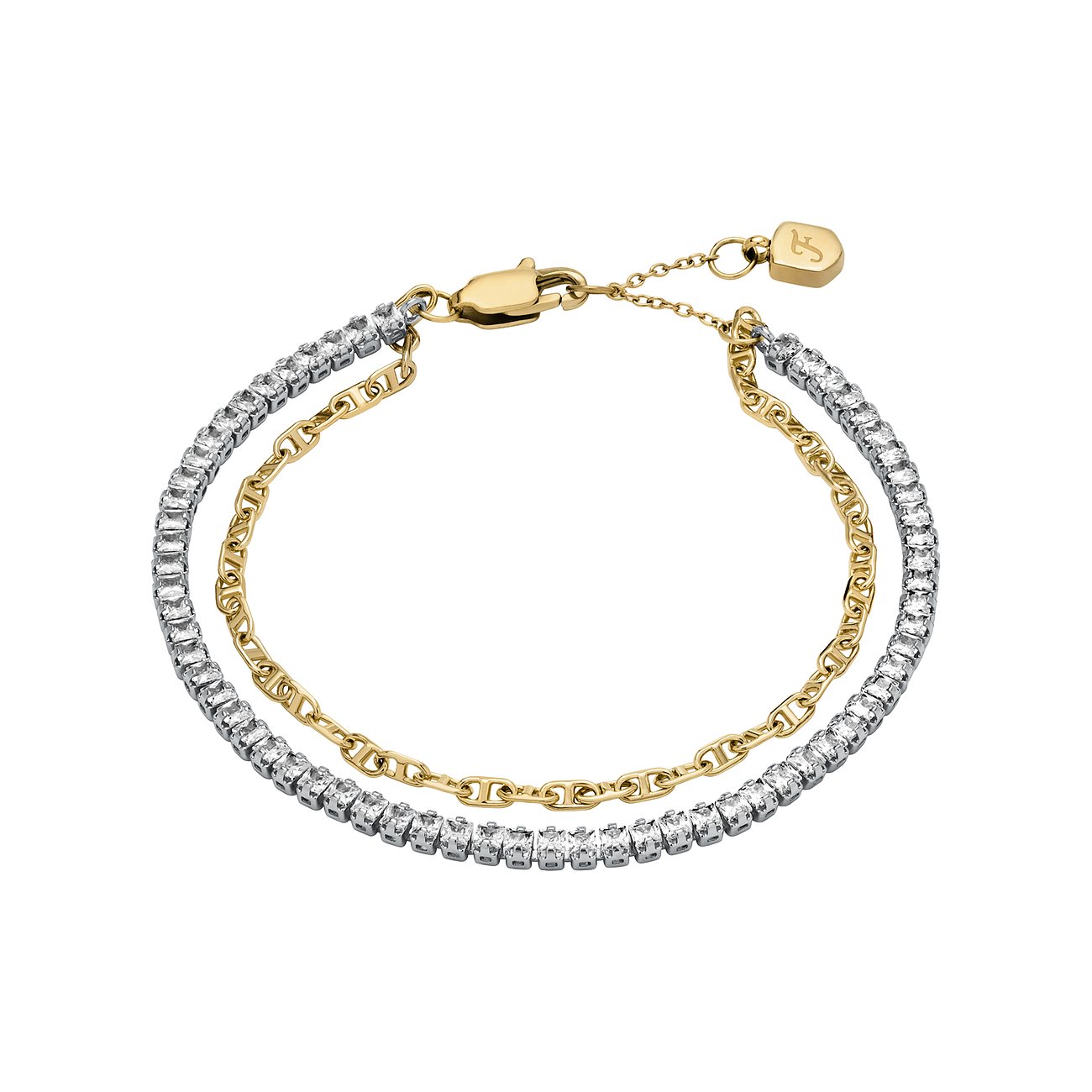 Fossil armbånd i rustfrit stål med glassten og et gyldent ankerarmbånd.