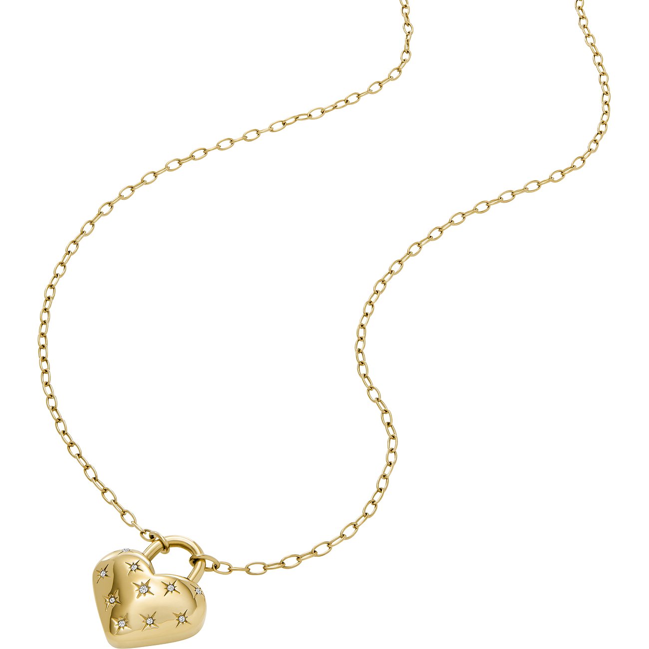 Fossil collier en acier inoxydable avec pierres de verre et pendentif cœur.