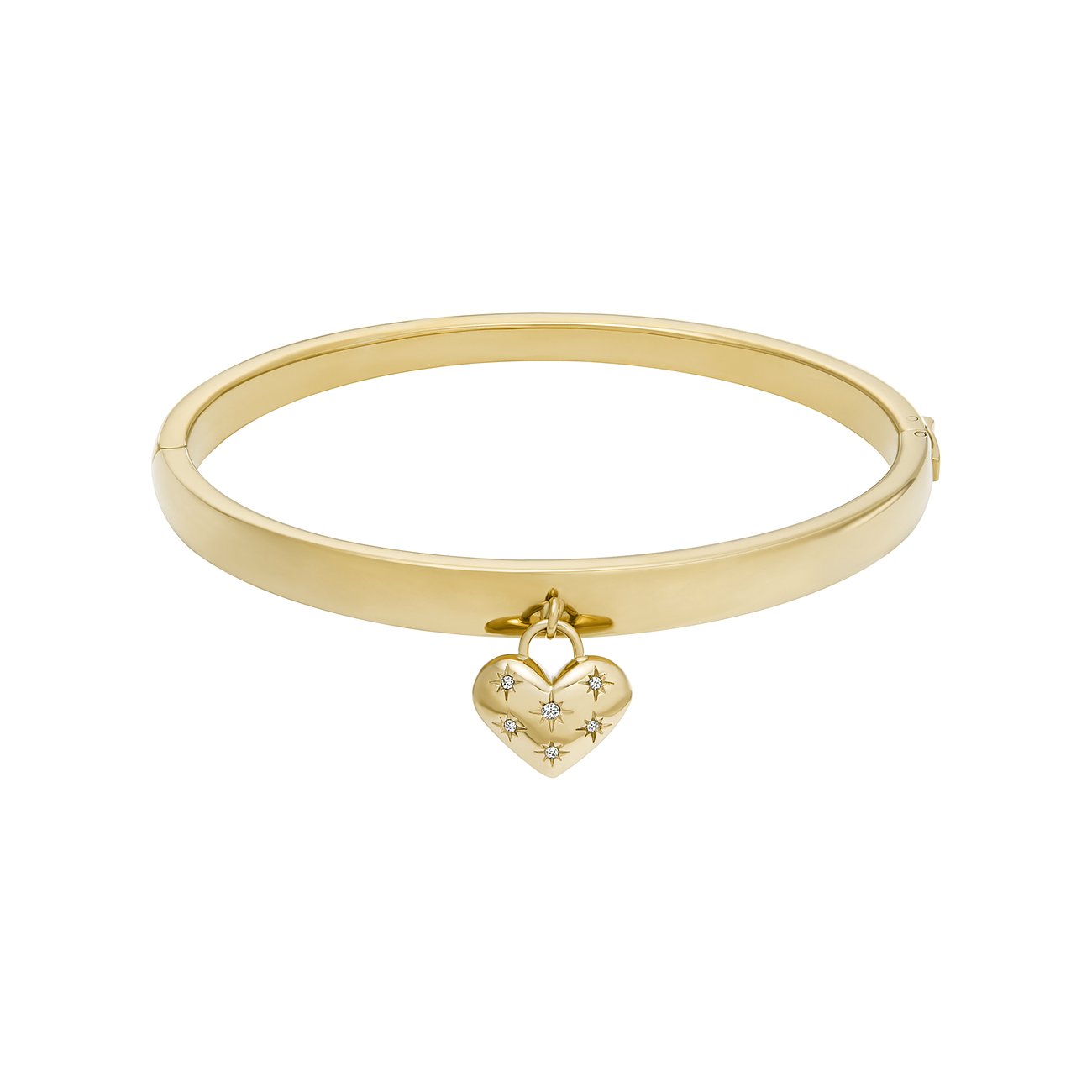 Fossil armbånd i rustfrit stål med hjertevedhæng og glassten.