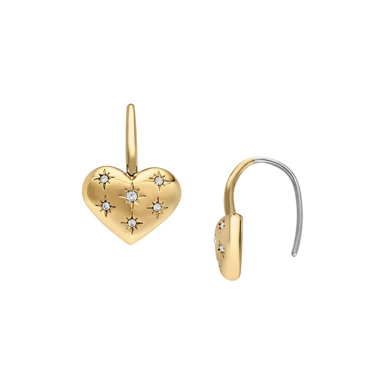 Fossil Ohrhänger aus Edelstahl, Herzform mit Glassteinen.