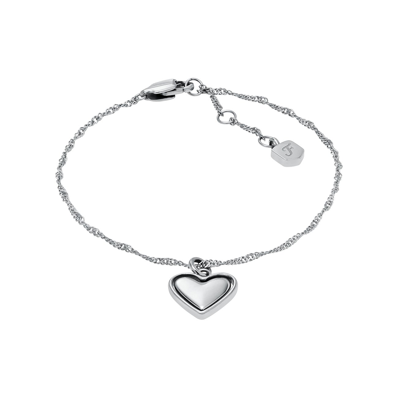 Bracelet Fossil en acier inoxydable avec breloque en forme de cœur et fermoir mousqueton.