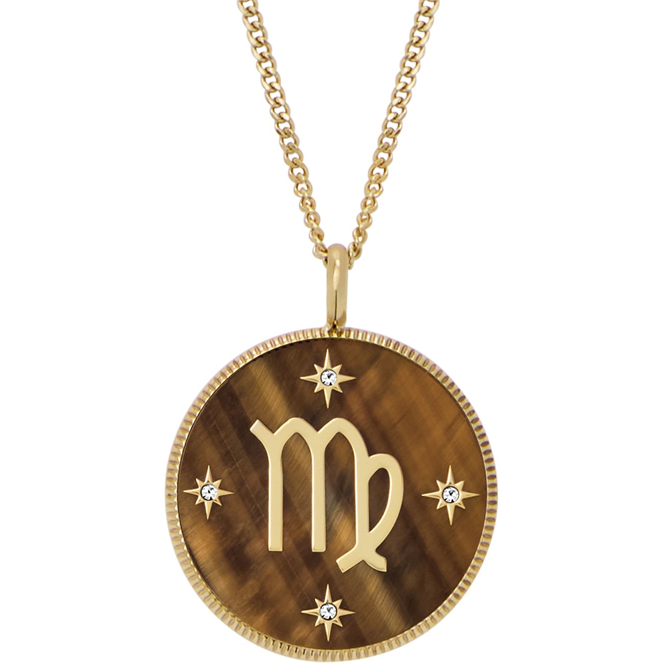 Fossil Halsschmuck aus Edelstahl mit Tigerauge und Kristallen.