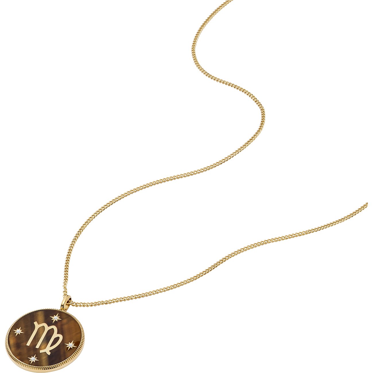 Fossil Halsschmuck aus Edelstahl mit Tigerauge und Sternen.