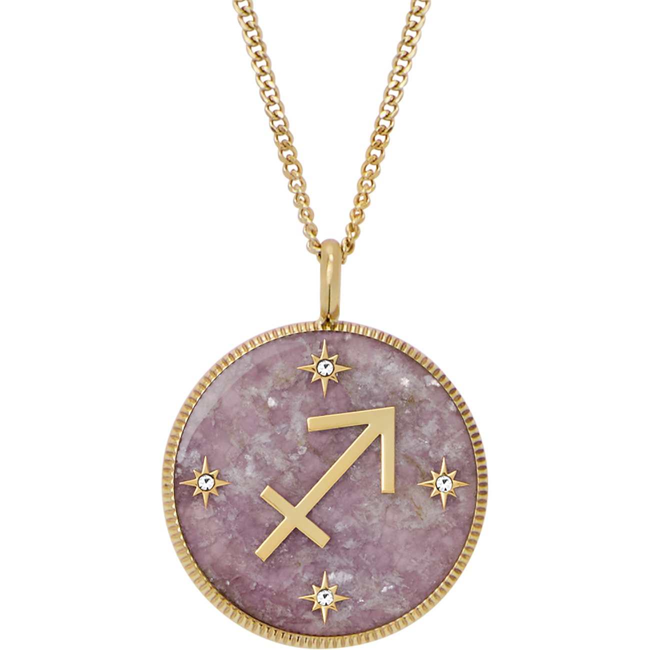 Fossil Anhänger aus Edelstahl mit Amethyst und Sternen.