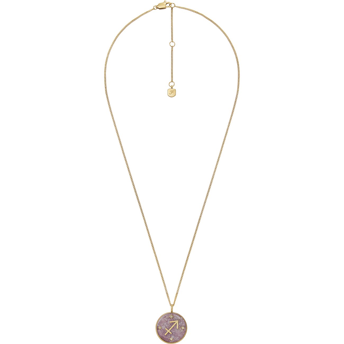 Fossil Halskette aus Edelstahl mit Amethyst und Sternen.