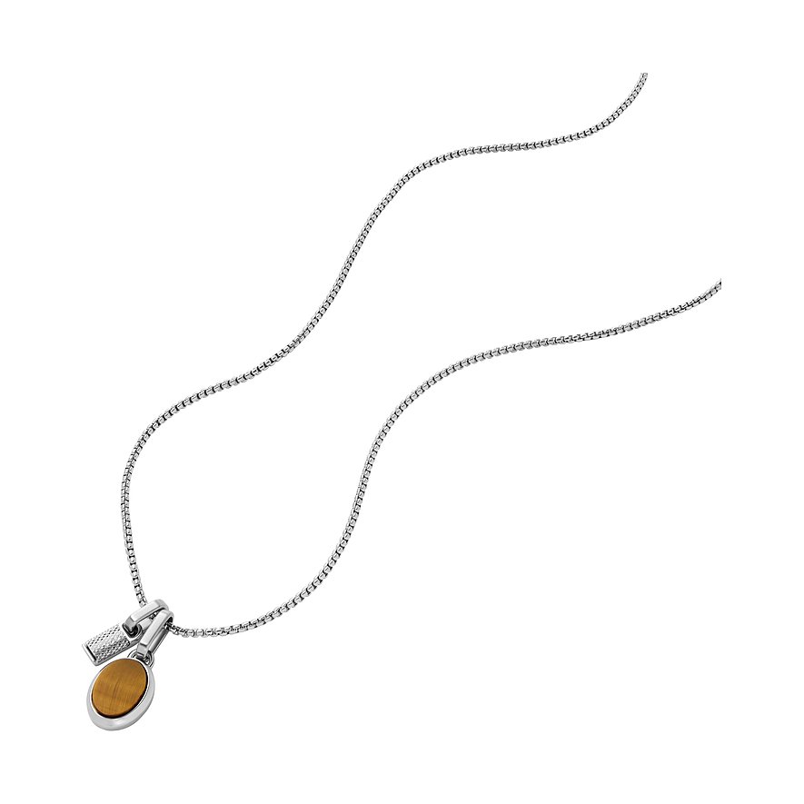 Fossil Halsschmuck aus Edelstahl mit Tigerauge-Anhänger und Rautenmuster.