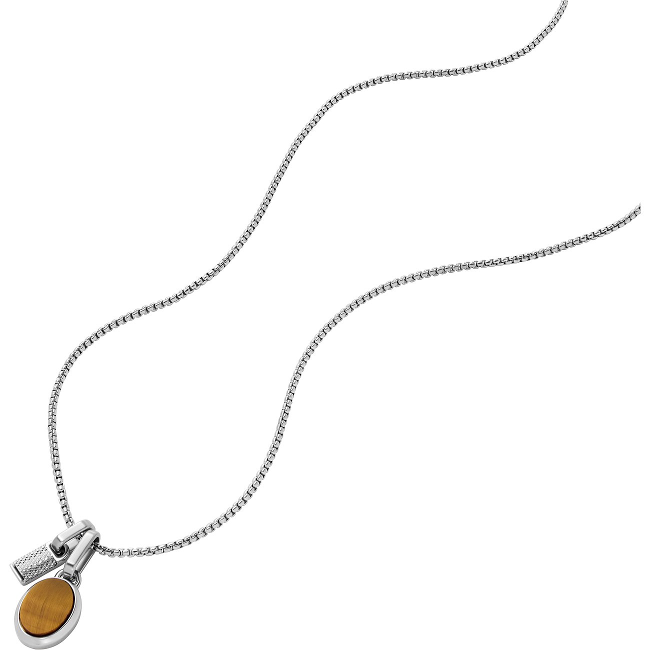 Fossil Halsschmuck aus Edelstahl mit Tigerauge-Anhänger und Rautenmuster.