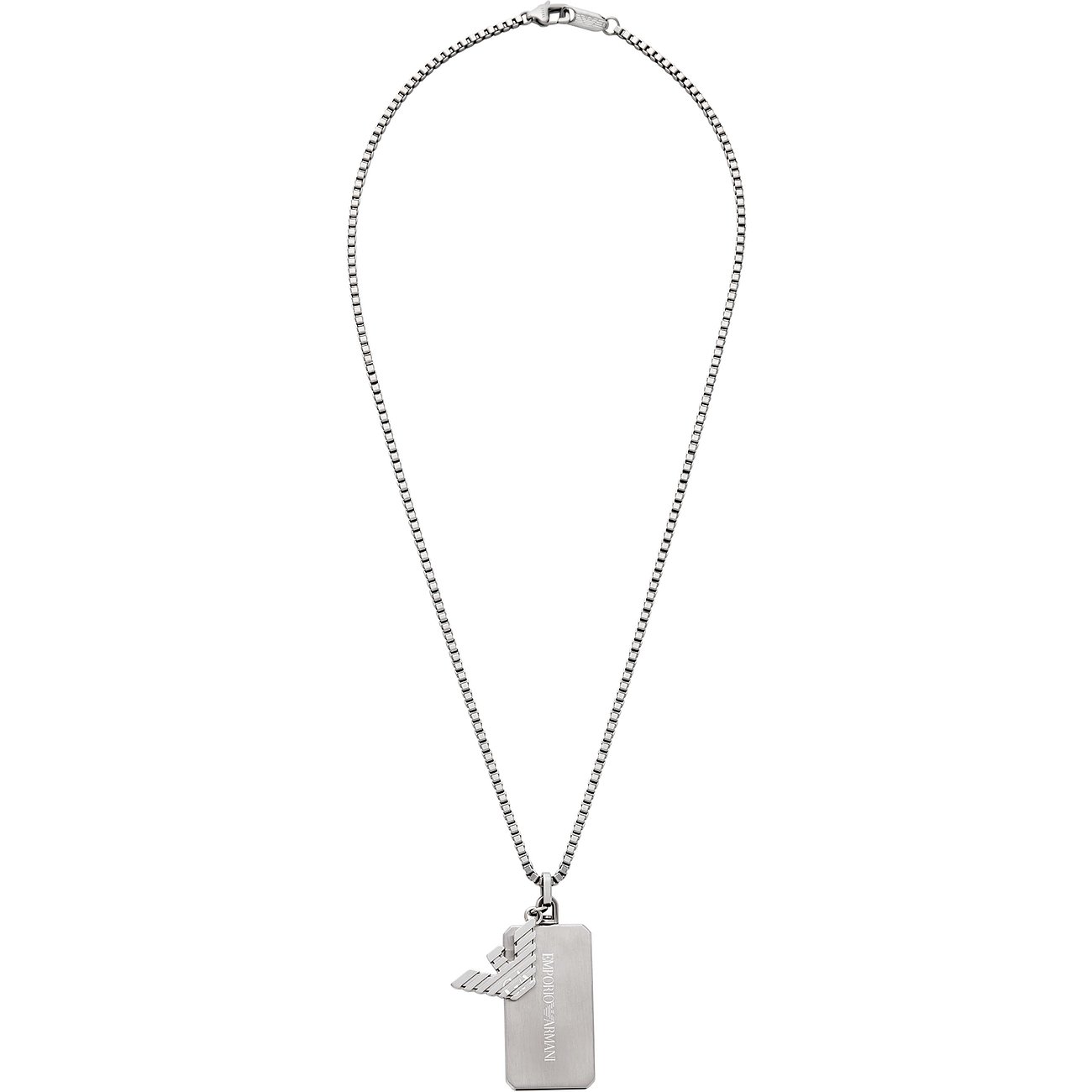 Emporio Armani halskæde i rustfrit stål med rektangulær vedhæng og ørnelogo.