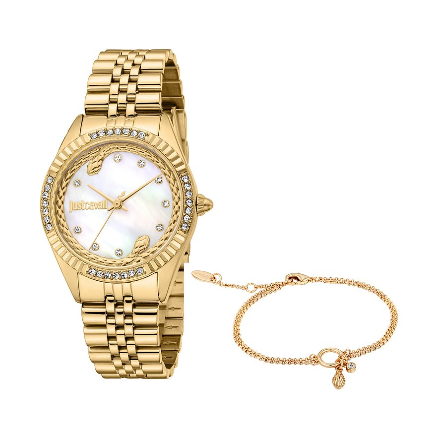Just Cavalli Uhren-Set Glam JC1L361M0055, Kristall, synthetisch, Damen, Metall, Armband: Edelstahl, Quarz, analog