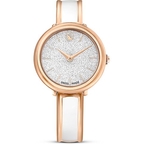 Swarovski Uhr mit roségoldfarbenem Gehäuse, weißem Zifferblatt und Kristallen.