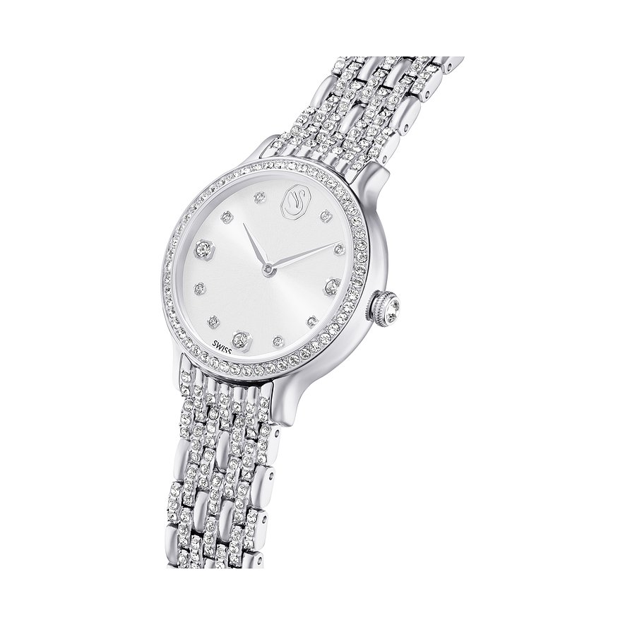 Swarovski Damenuhr mit Metallgehäuse, Besatz mit Swarovski-Kristallen.