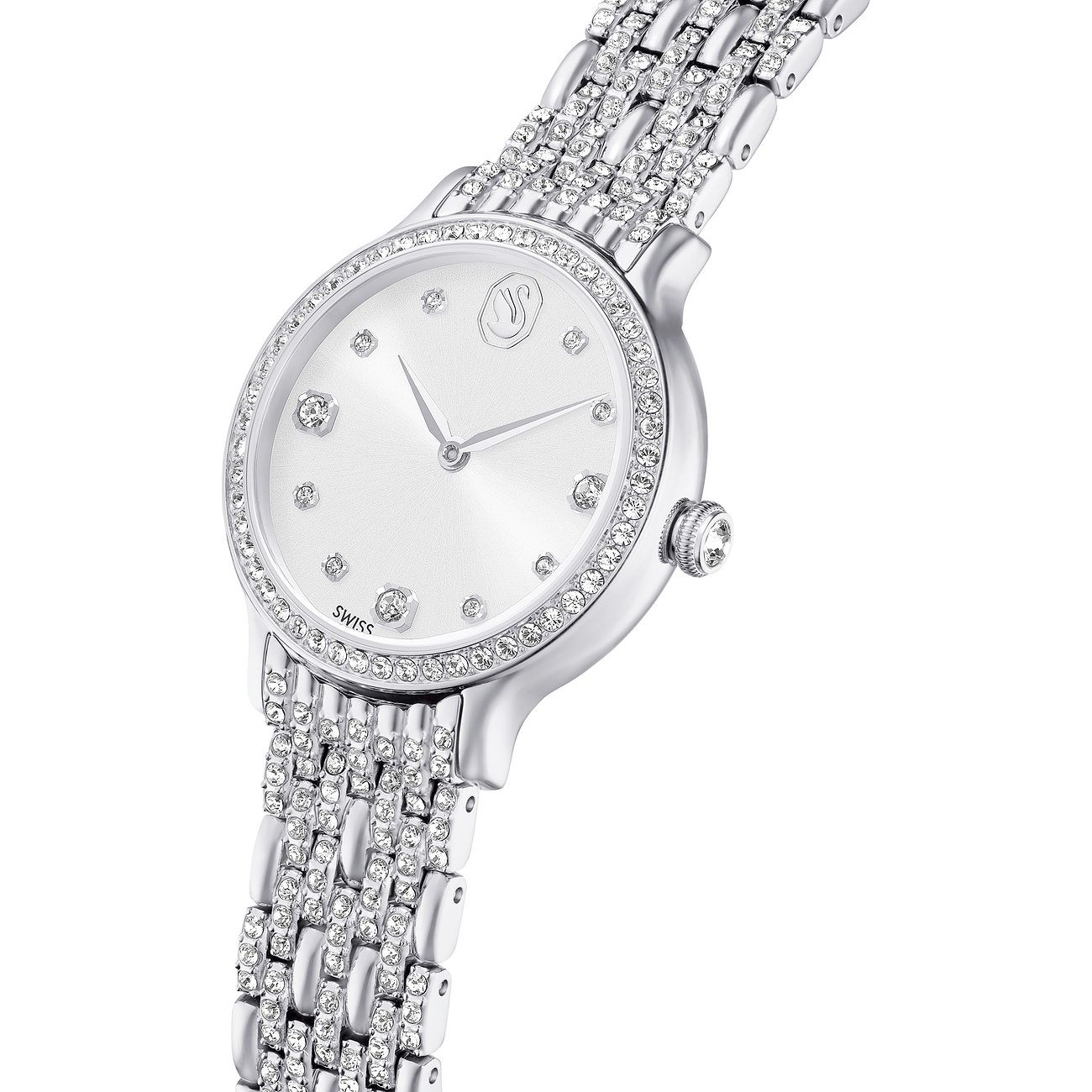 Swarovski Damenuhr mit Metallgehäuse, Besatz mit Swarovski-Kristallen.