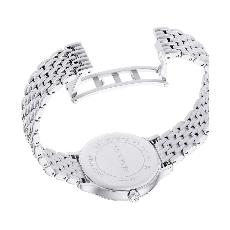 Swarovski Unisexuhr mit silberfarbenem Metallgehäuse und Kristallen.