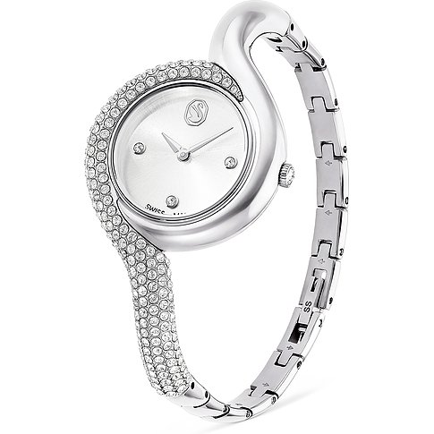 Swarovski dameshorloge met metalen kast, bezet met Swarovski-kristallen.