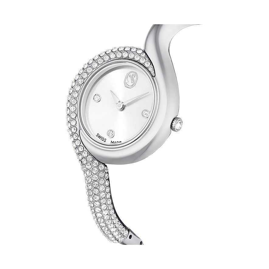 Swarovski Damenuhr mit Kristallbesatz und silberfarbenem Gehäuse, analog.