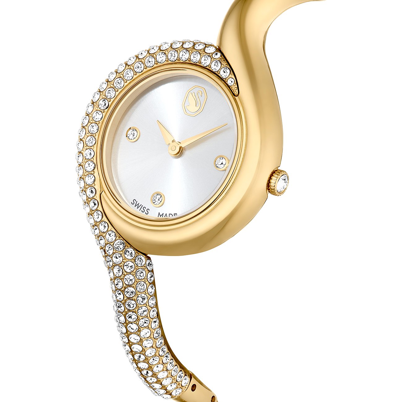 Swarovski Uhr mit goldfarbenem Metallgehäuse, besetzt mit Kristallen.