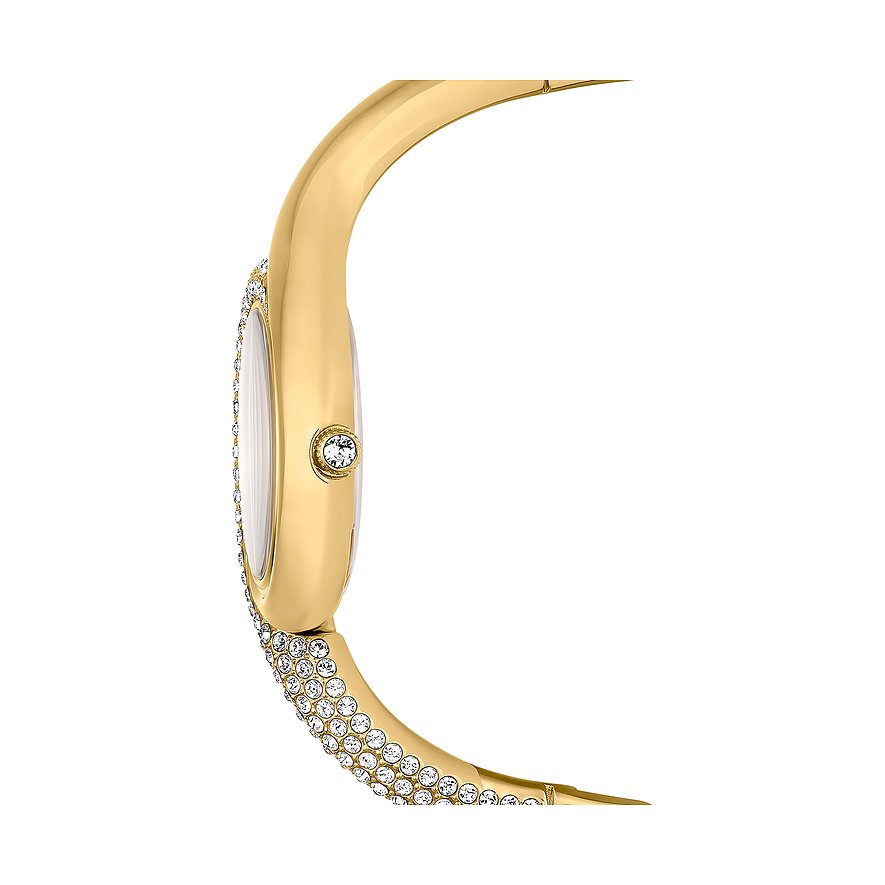 Swarovski Damenuhr mit goldfarbenem Metallgehäuse und Kristallen.