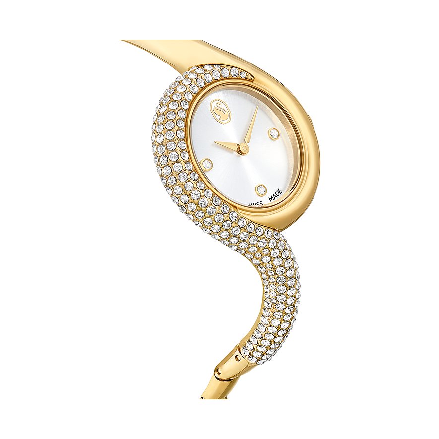 Swarovski Damenuhr mit goldfarbenem Gehäuse, analoger Anzeige und Kristallen.