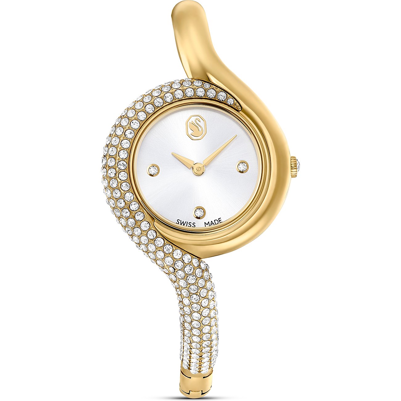 Swarovski Damenuhr mit goldfarbenem Metallgehäuse und Kristallen, analog.