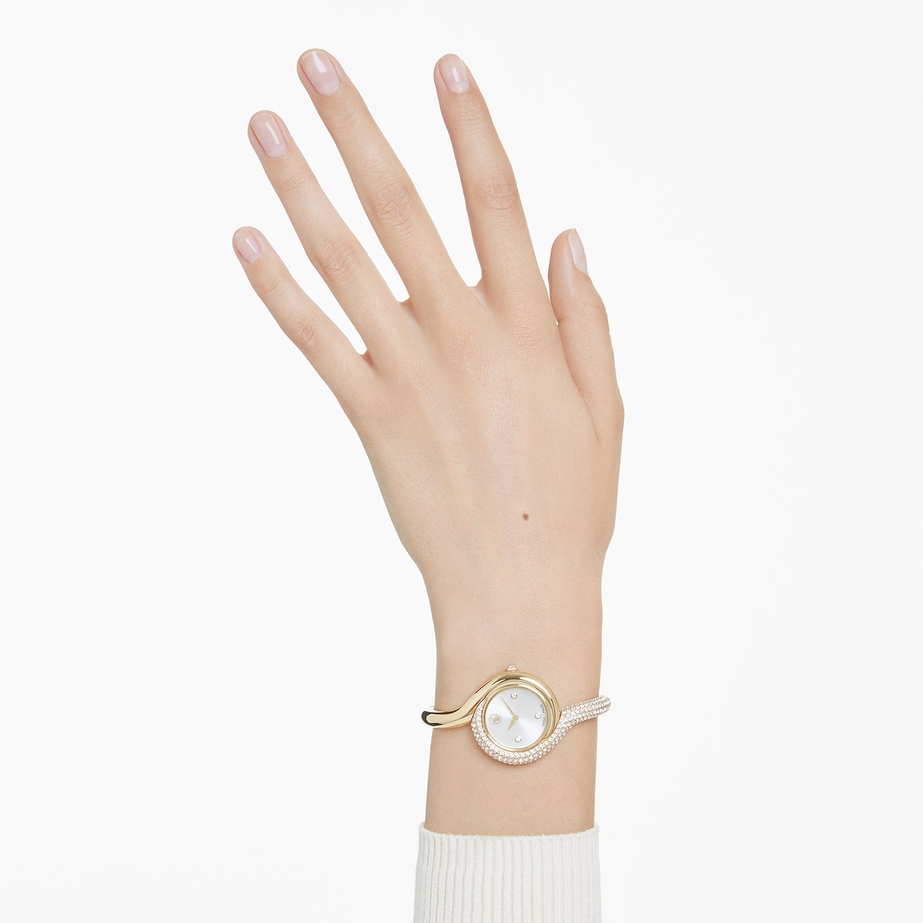 Swarovski Damenuhr mit goldfarbenem Metallgehäuse, weißem Zifferblatt und Kristallen.