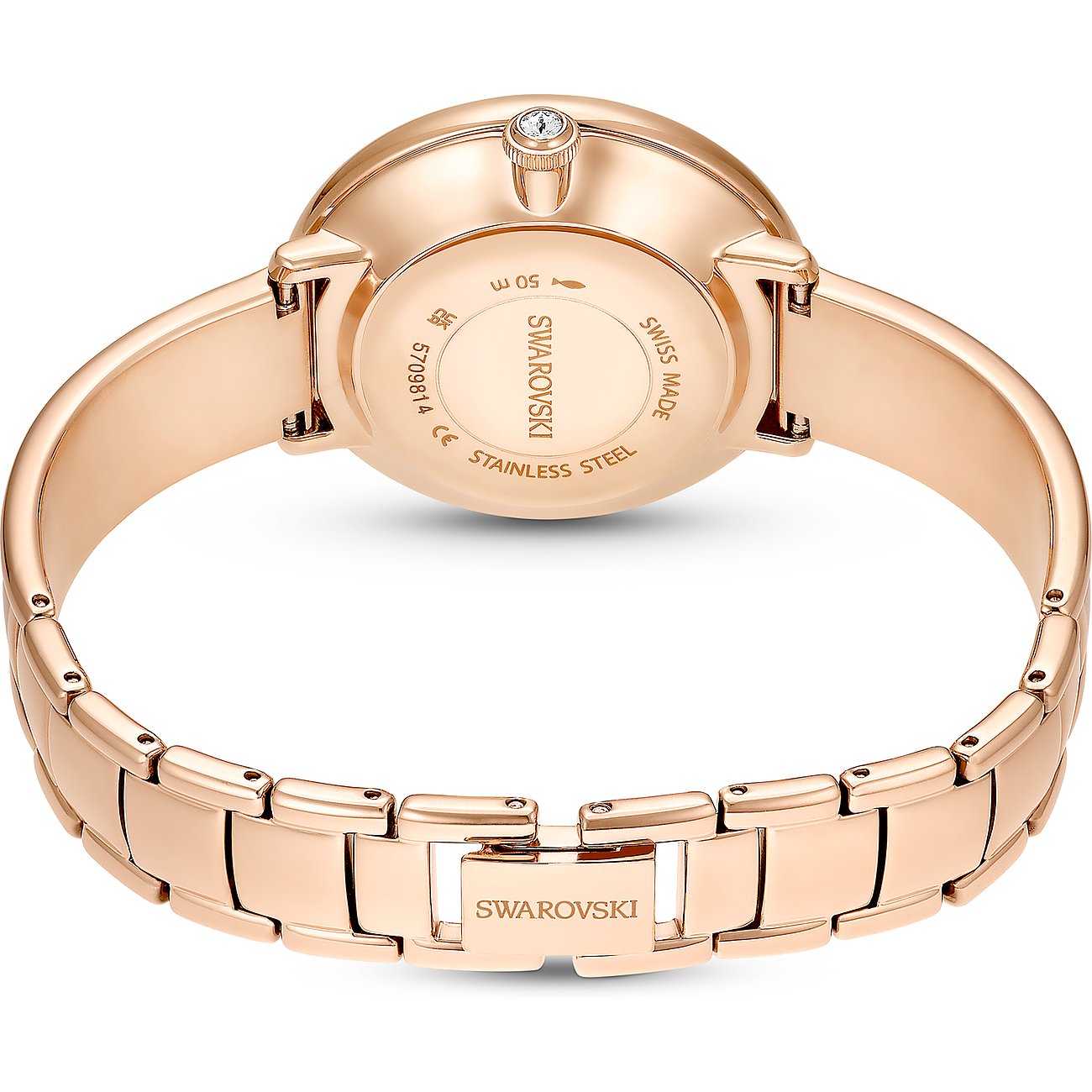 Swarovski Unisexuhr mit roségoldfarbenem Metallgehäuse und einem Kristall.