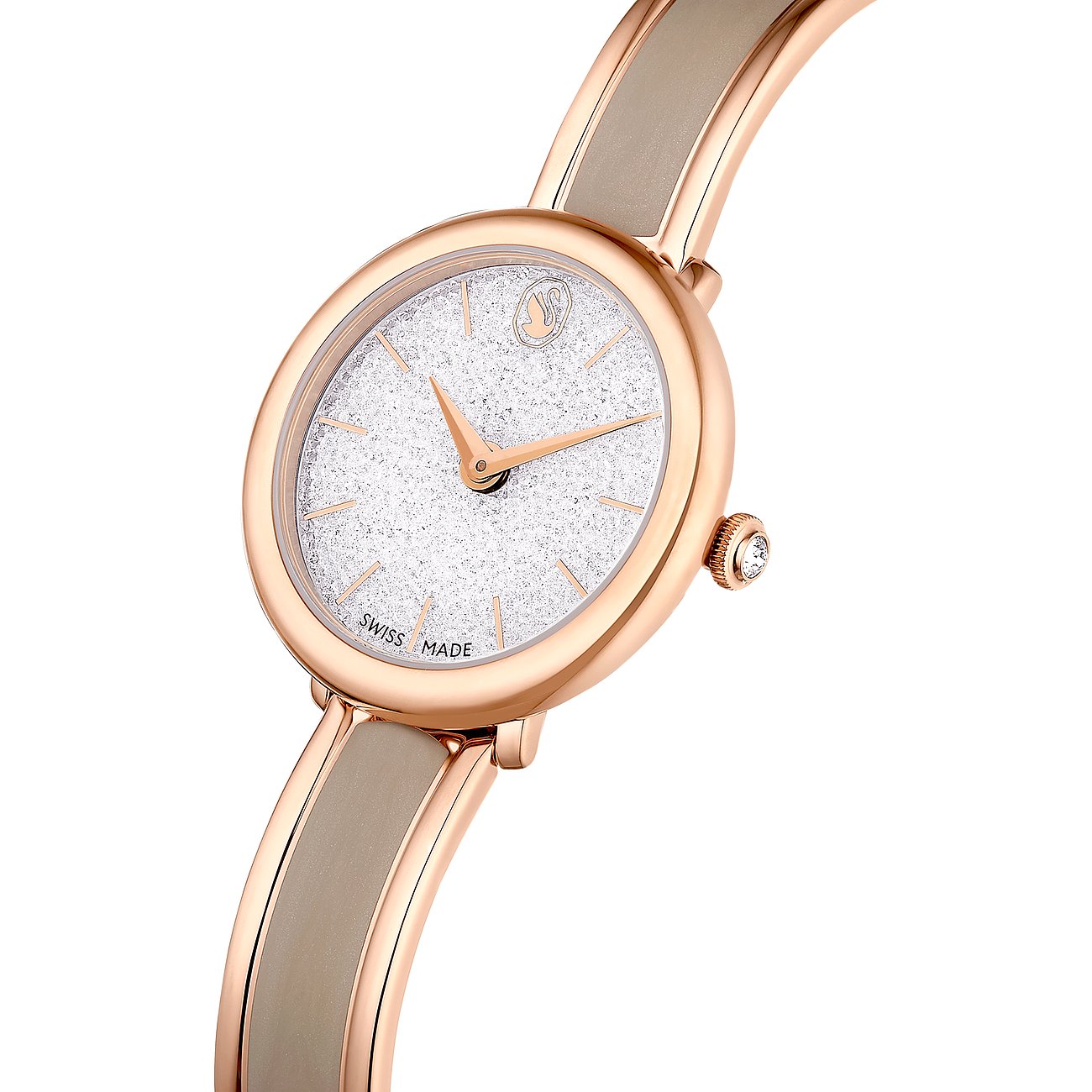 Swarovski Damenuhr mit roségoldfarbenem Gehäuse und weißem Zifferblatt mit Kristallen.